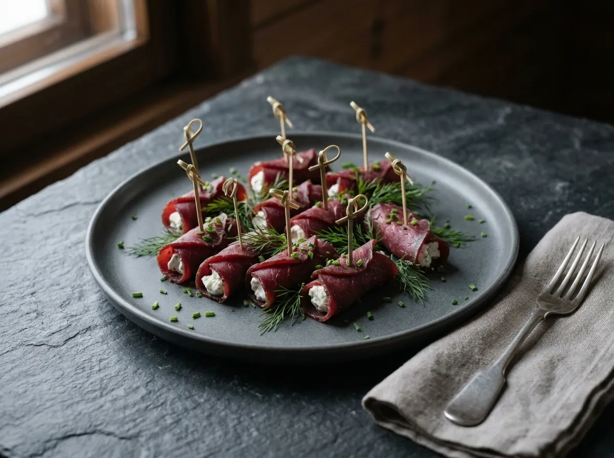 Involtini di renna affumicata a freddo e formaggio spalmabile
