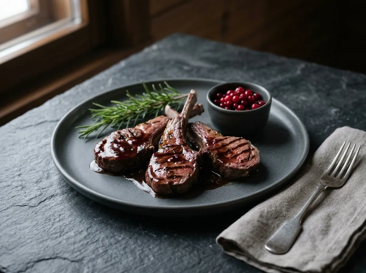Gegrillte Rentierkoteletts mit Preiselbeerglasur