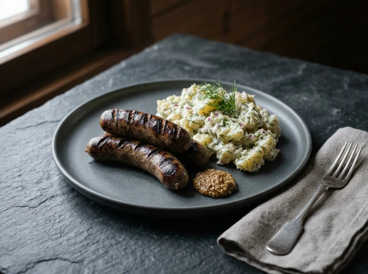Salsichas de rena grelhadas com salada de batata
