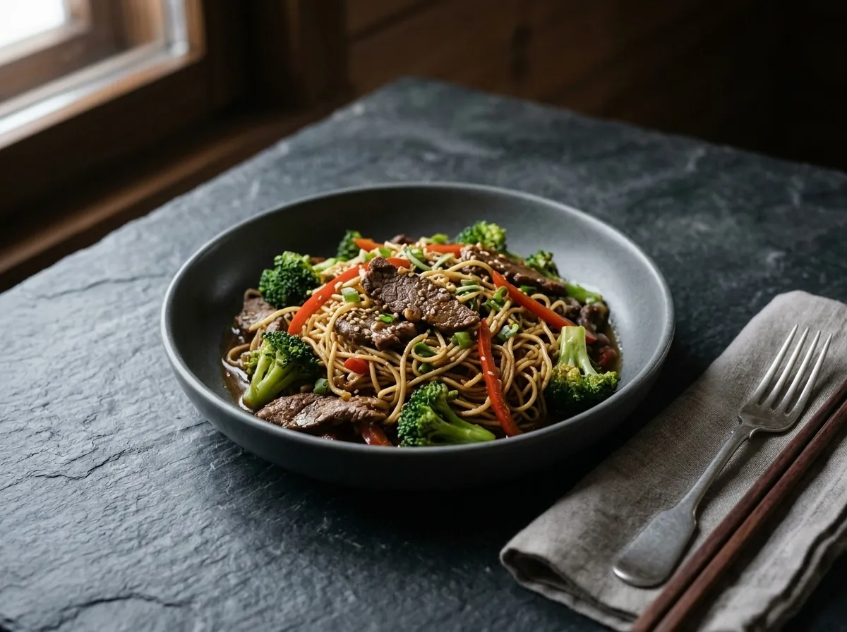 Wokstegt rensdyr med nudler