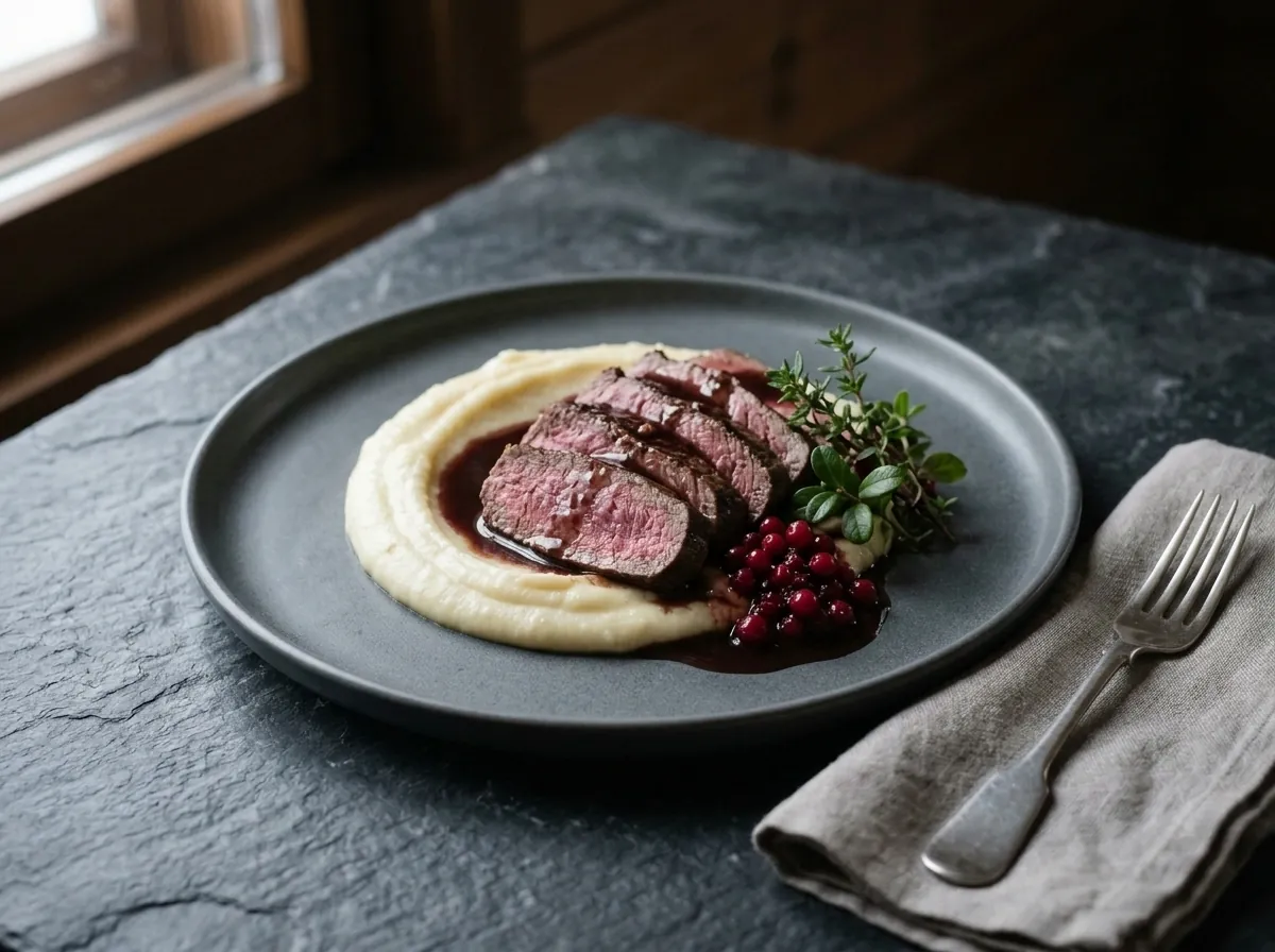 Bøffer af rensdyrtyndsteg med rodfrugtpuré