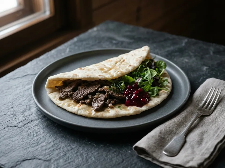 Fladbrød med sauteret rensdyr